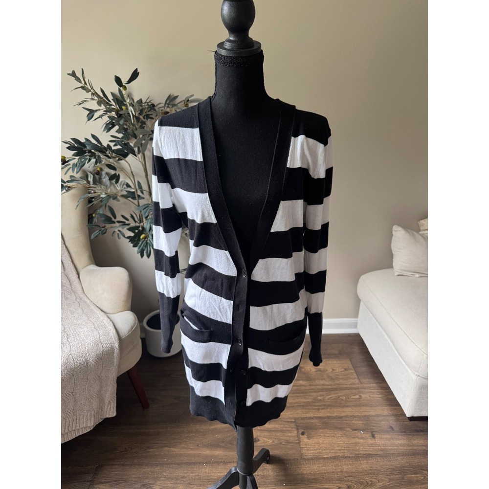Banana Republic Womens XS Cardigan Black White Striped Longline Button Front